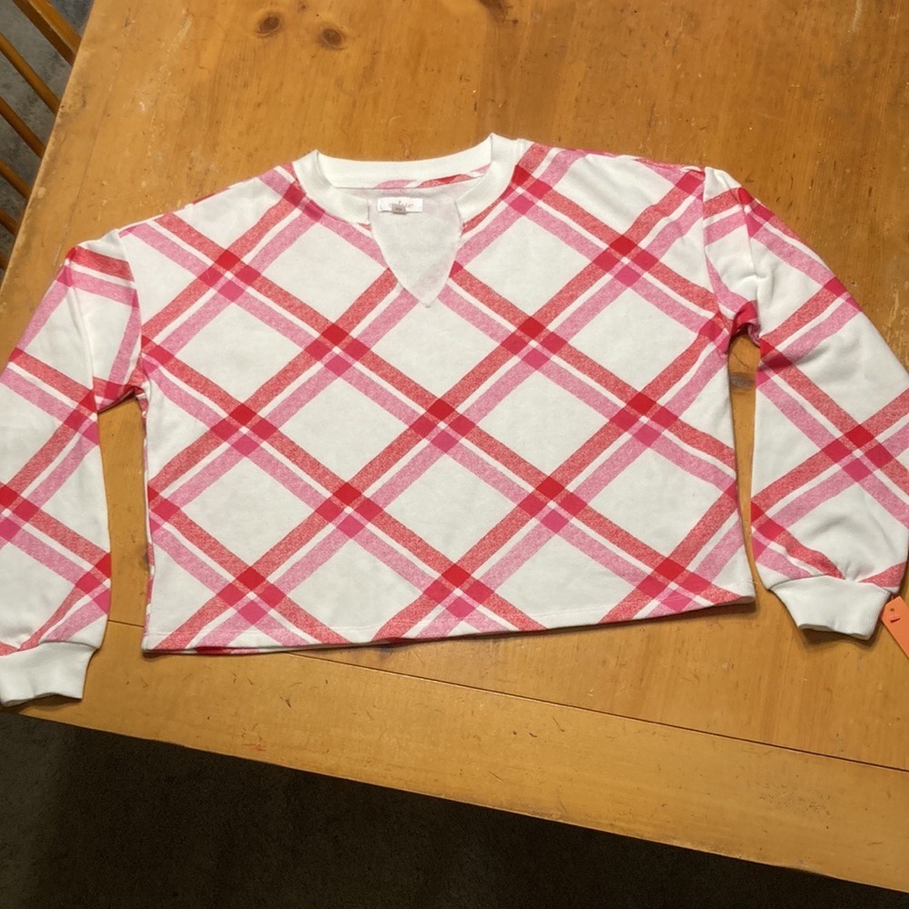 Colsie Preppy Pink Red Plaid Coquette Cropped Sweatshirt Medium NEW - Picture 6 of 8